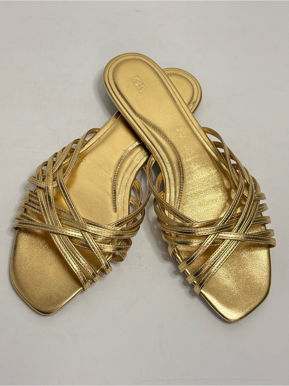 Zara Gold Metallic Strappy Slide Flat Sandal 41/10